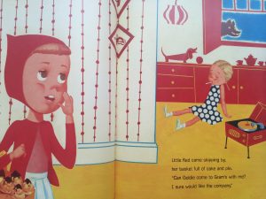 "Little Red came skipping by, her basket full of cake and pie. 'Can Goldie come to Gram's with me? I sure would like some company.'"